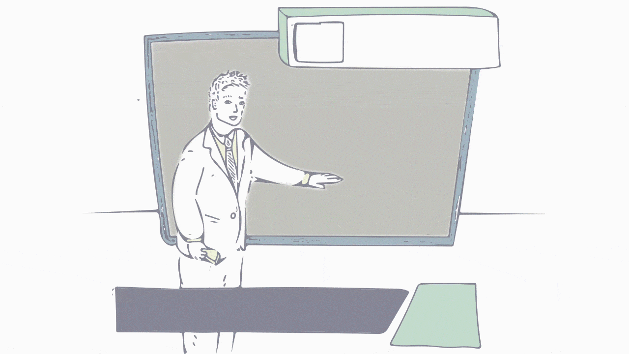 Animated drawing of TV broadcast person standing in front of screen that says 'Episode 2'